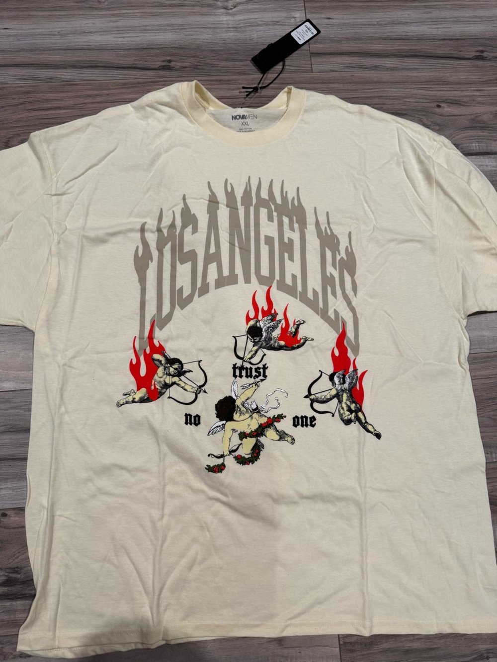 Fashion Nova Cream Los Angeles Graphic Tee with Red Flame Cherubs